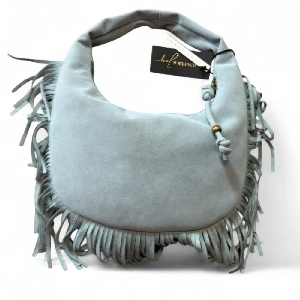 Juniper & Joy Gray/Blue Faux Suede‎ Fringe Hobo Shoulder Bag
